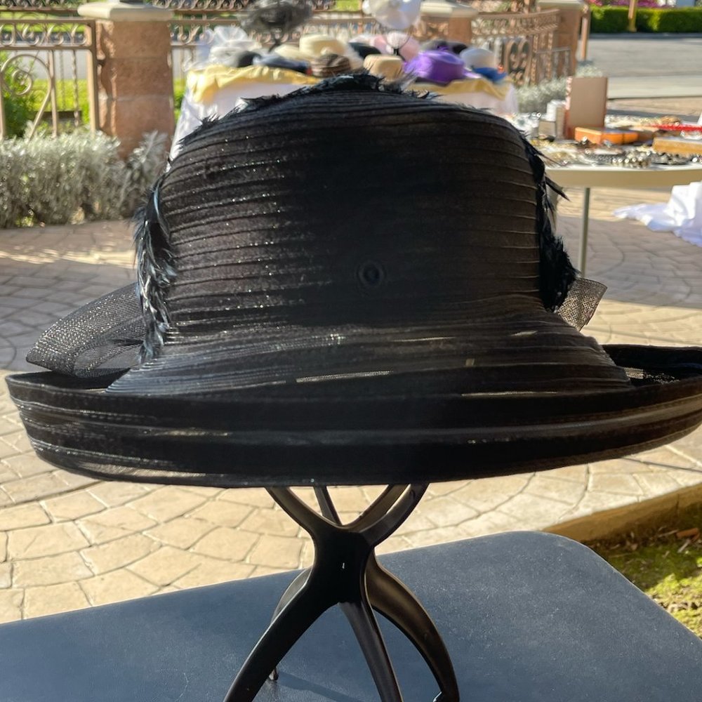 H13- Vintage Black hat with multi-color feathers and Black bow with more